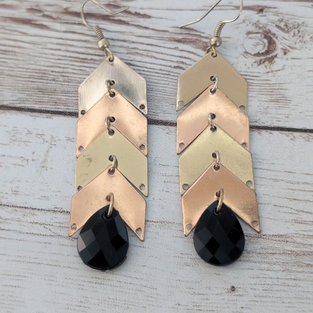Multi Tone Metal & Black Hook Dangle Earrings - Marks & Wear